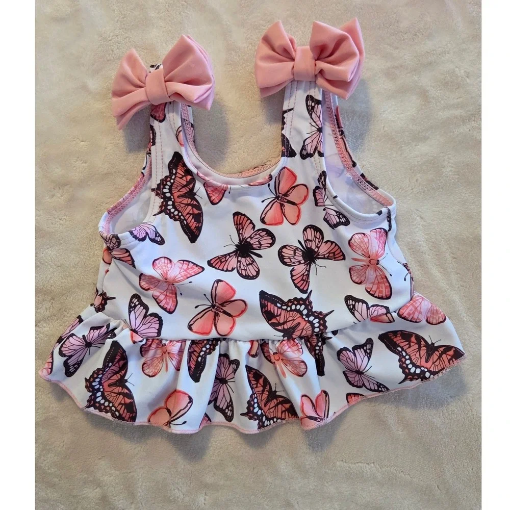 Baby Girl Butterfly Swimsuit Set 3-6M 3pc Bikini‎ Hat Pink Ruffle Swim Outfit